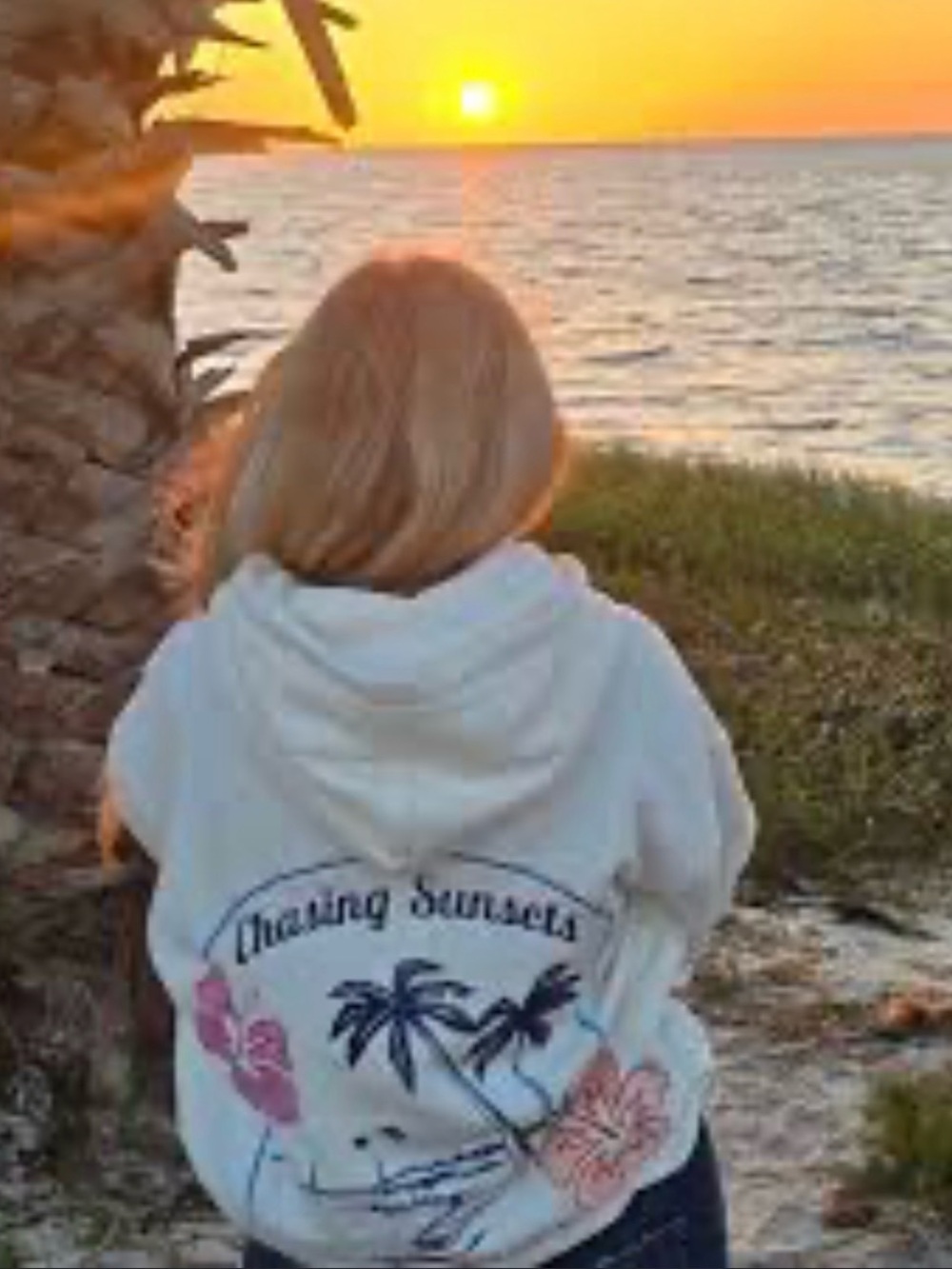 Altar'd State Cream Hoodie with Blue Palm Print and Pink Floral Accents - Picture 2 of 5